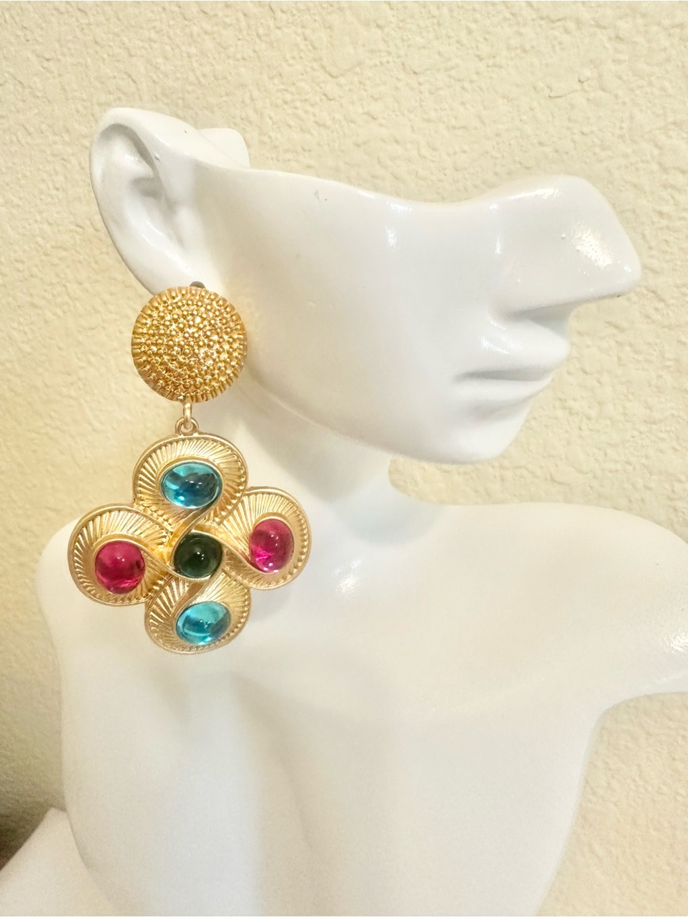 18k Gold Plated Drop Earrings with Pink, Blue and Green Cabochons